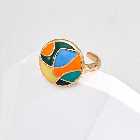 Handmade Jewelry - 🎨 Artisan Original Design Colorful Mosaic Enamel Disc Ring | Adjustable S925